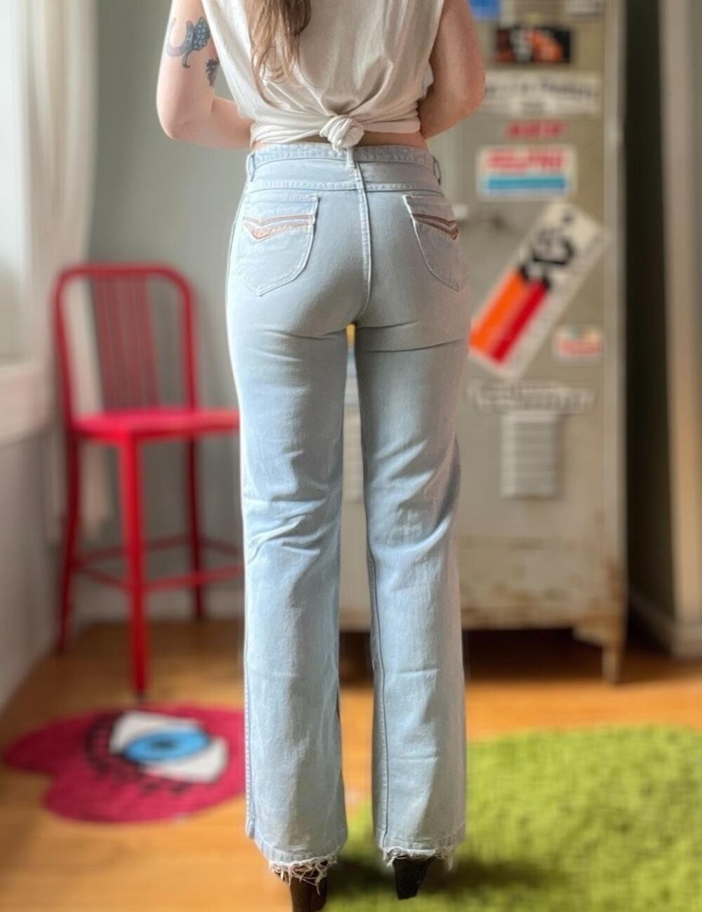 Vintage 70s Flare Jeans | Light Wash Slim Fit Denim Distressed Leather trim |28"